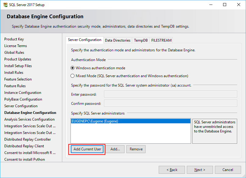 Database Engine Configuration