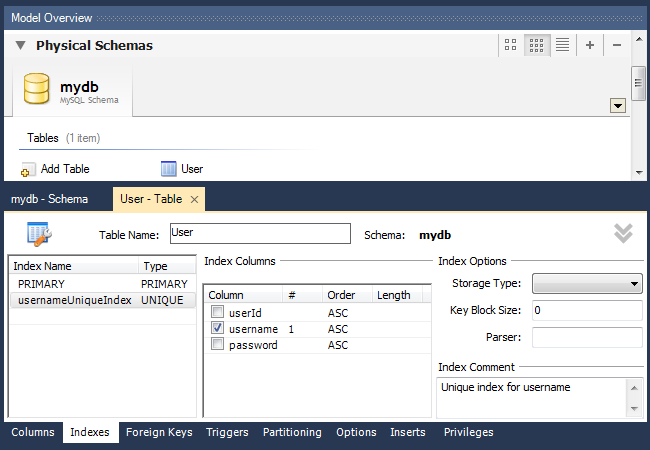 unique index mysql workbench