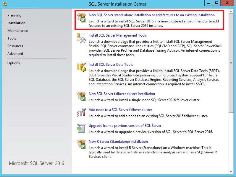 Launching the Microsoft SQL Server 2016 installation