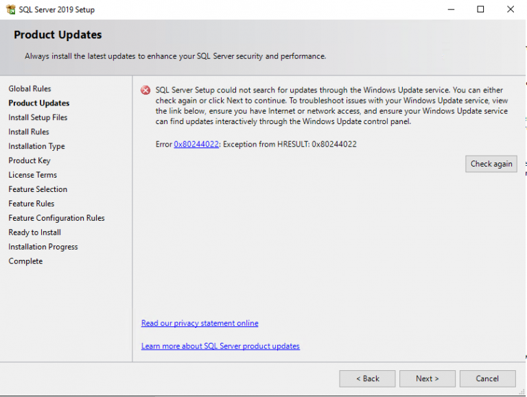 SQL Server update options during installation