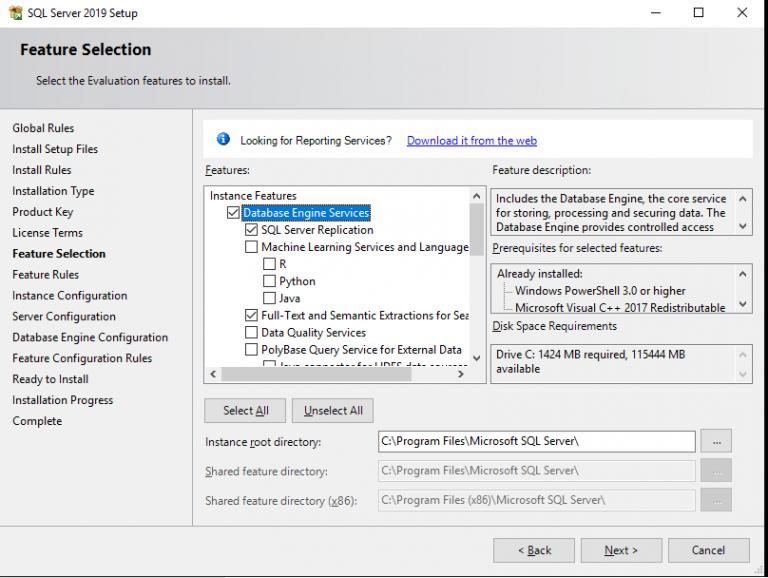 components of sql server, which you should install necessarily