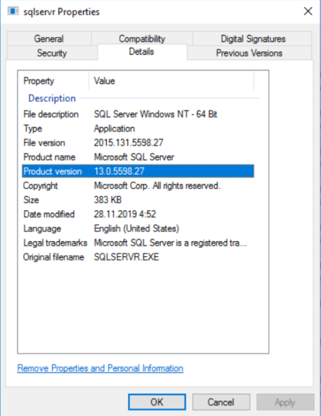 Defining the SQL Server version using file versions