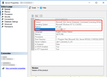 The first tab will display the version and edition of the SQL server