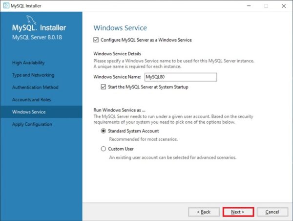 Configuring MySQL service in Windows