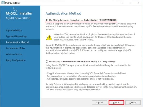 Configuring the authentication method in MySQL Server