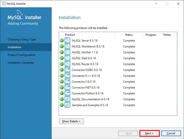 Finishing the MySQL component installation