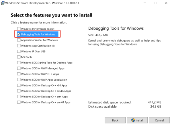 Select Debugging Tools for Windows in the window