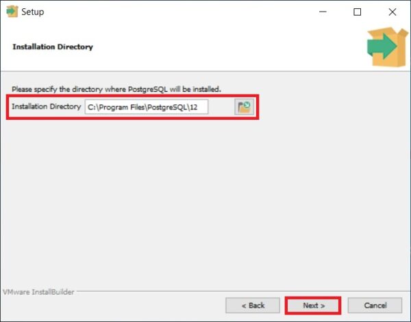 Specify the directory to install PostgreSQL 12