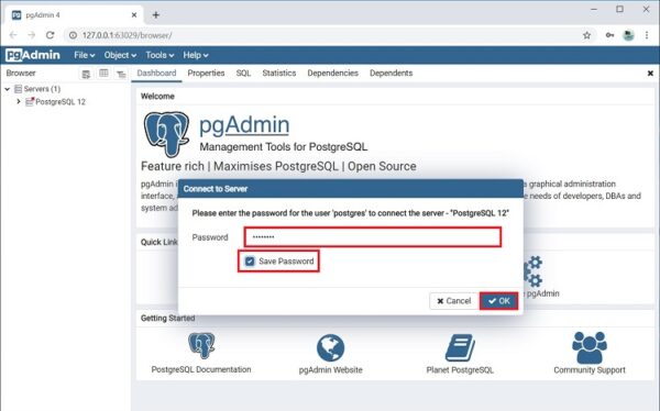 To connect to the newly installed local PostgreSQL server in the server browser