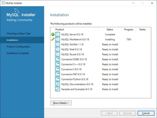 the serial installation of MySQL components will begin