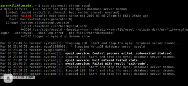 To check the status of MySQL service, use the following command