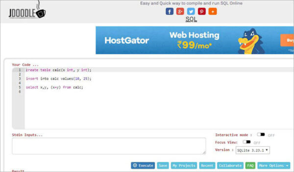 Jdoodle Online SQL Editor