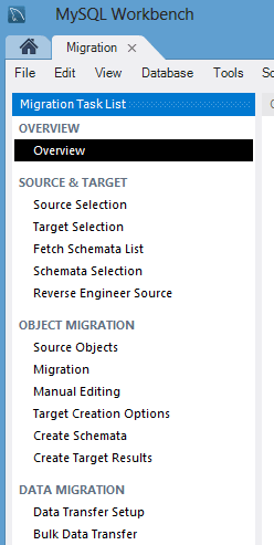 The steps required to migrate an MSSQL database to MySQL using the Workbench Migration Wizard