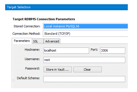 define a target connection to a MySQL database in the Options