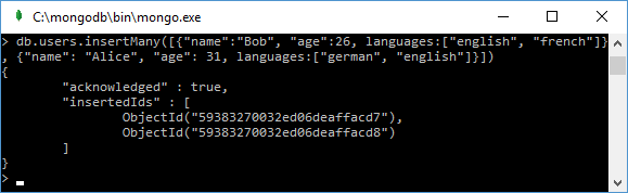 the console displays the IDs of the added documents